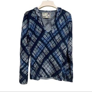 TITLE NINE Hoodie Sweater Popover V-Neck Washable Wool Abstract Diagonal Plaid S